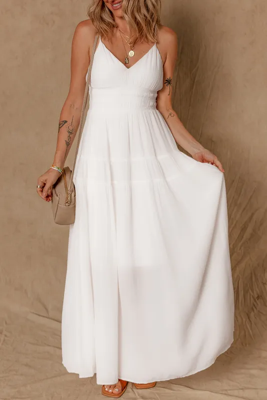 White Spaghetti Straps High Waist Elegant Long Dress sold by Beagle Boutique