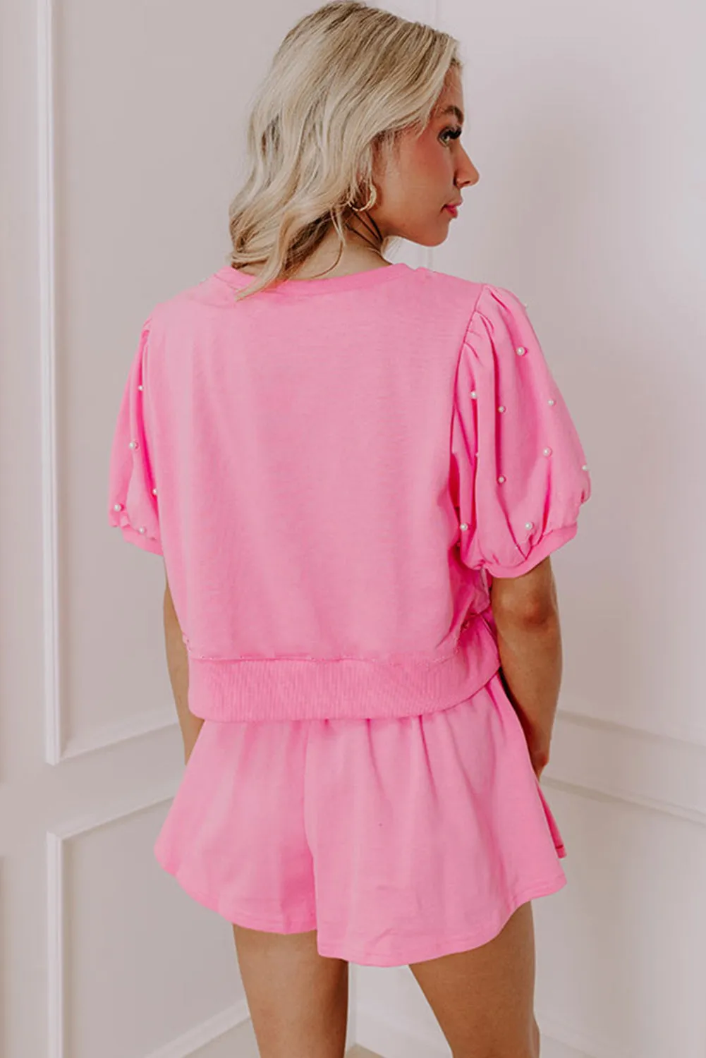 Pink Contrast Bow Trim Pearl Puff Sleeve Top and Skort Co-ord sold by Beagle Boutique product image thumbnail 2