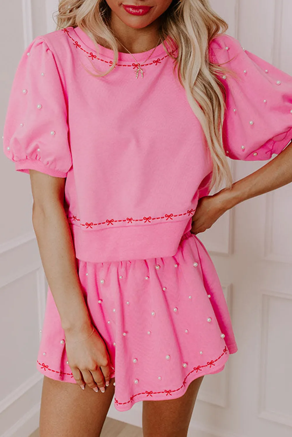 Pink Contrast Bow Trim Pearl Puff Sleeve Top and Skort Co-ord sold by Beagle Boutique