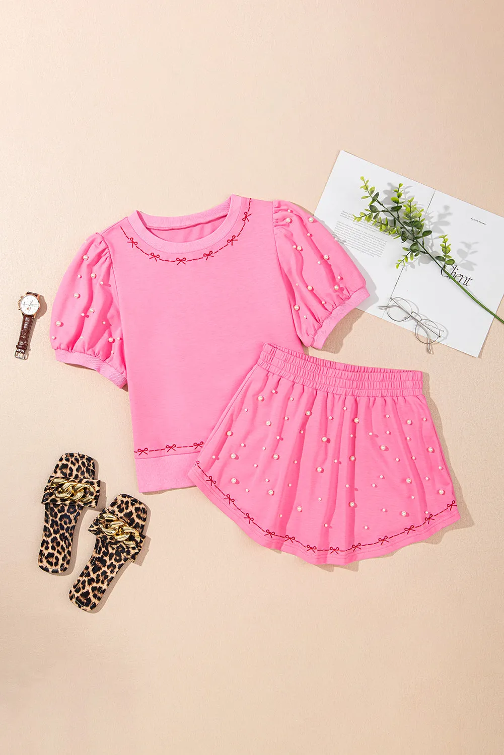 Pink Contrast Bow Trim Pearl Puff Sleeve Top and Skort Co-ord sold by Beagle Boutique product image thumbnail 5