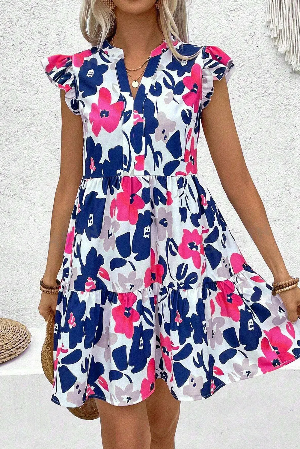 Floral Print Notched Neck Flutter Sleeve Mini Dress sold by Beagle Boutique product image thumbnail 3