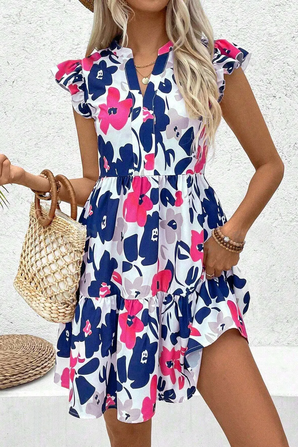 Floral Print Notched Neck Flutter Sleeve Mini Dress sold by Beagle Boutique