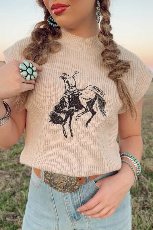 Oatmeal HOWDY Rodeo Cowboy Graphic High Neck Short Sleeve Sweater made by Beagle Boutique