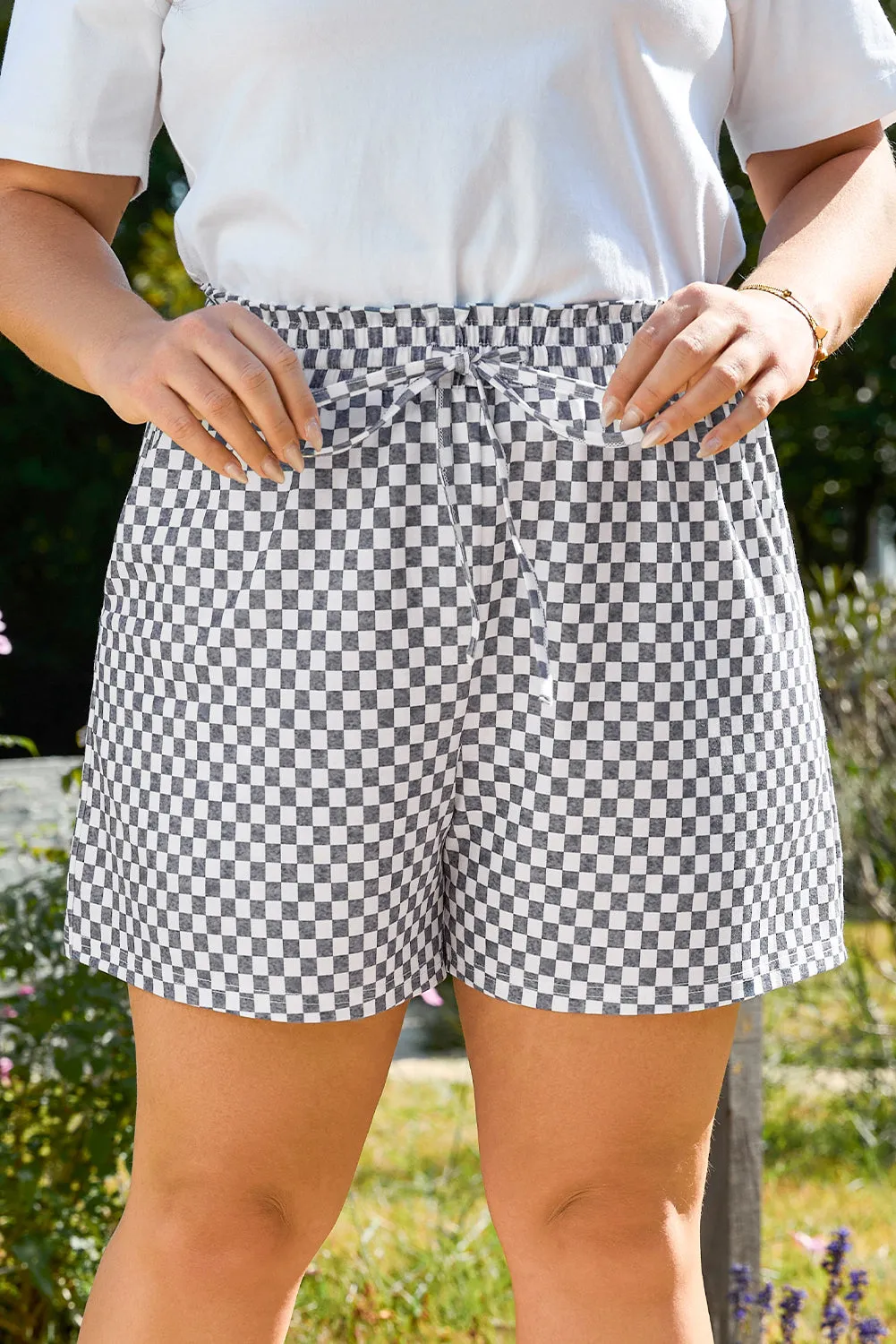 Grey Checkerboard Lace-Up High Waist Plus Size Casual Shorts sold by Beagle Boutique product image thumbnail 4