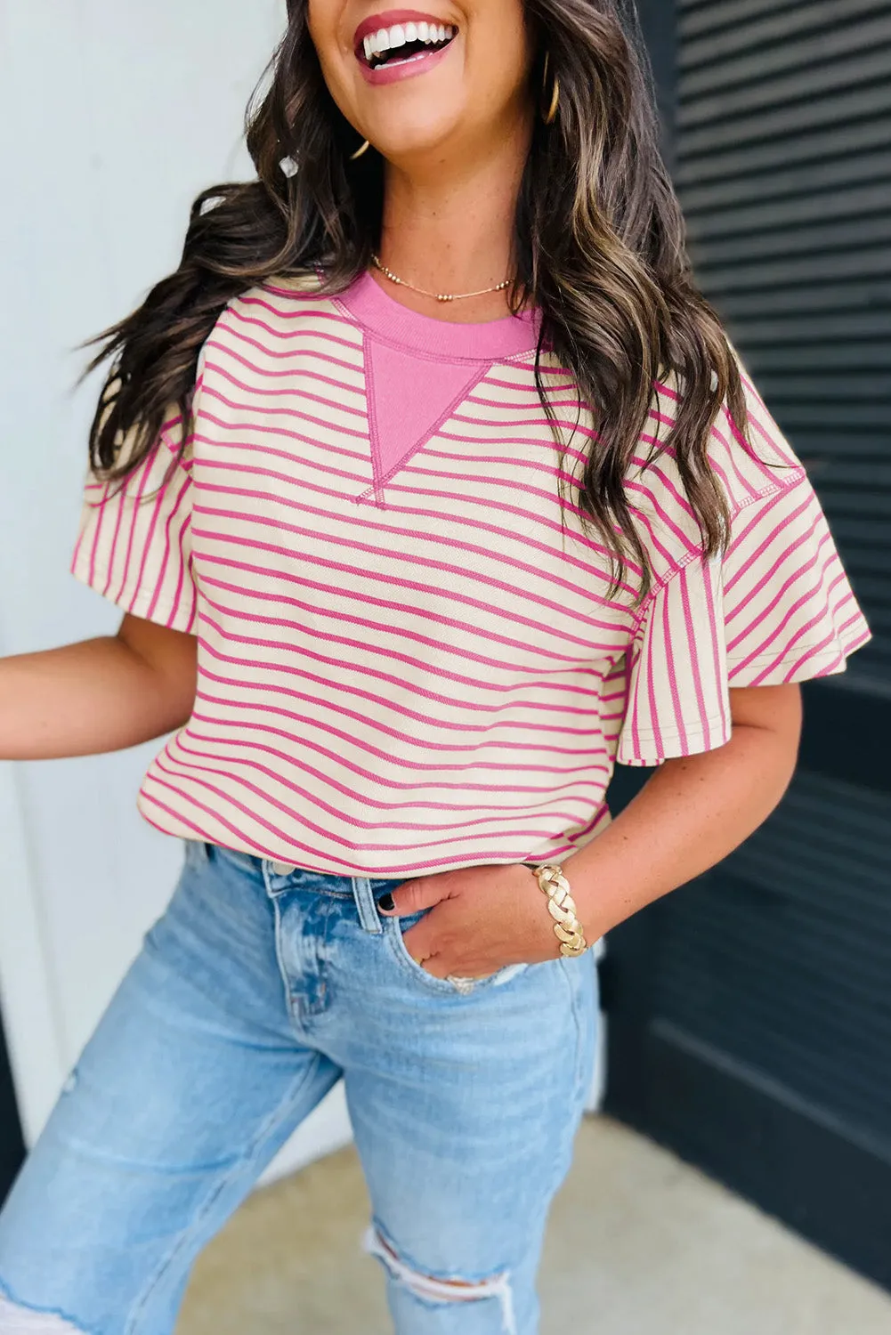 Contrast Detail Striped Ruffle Short Sleeve Top sold by Beagle Boutique product image thumbnail 2