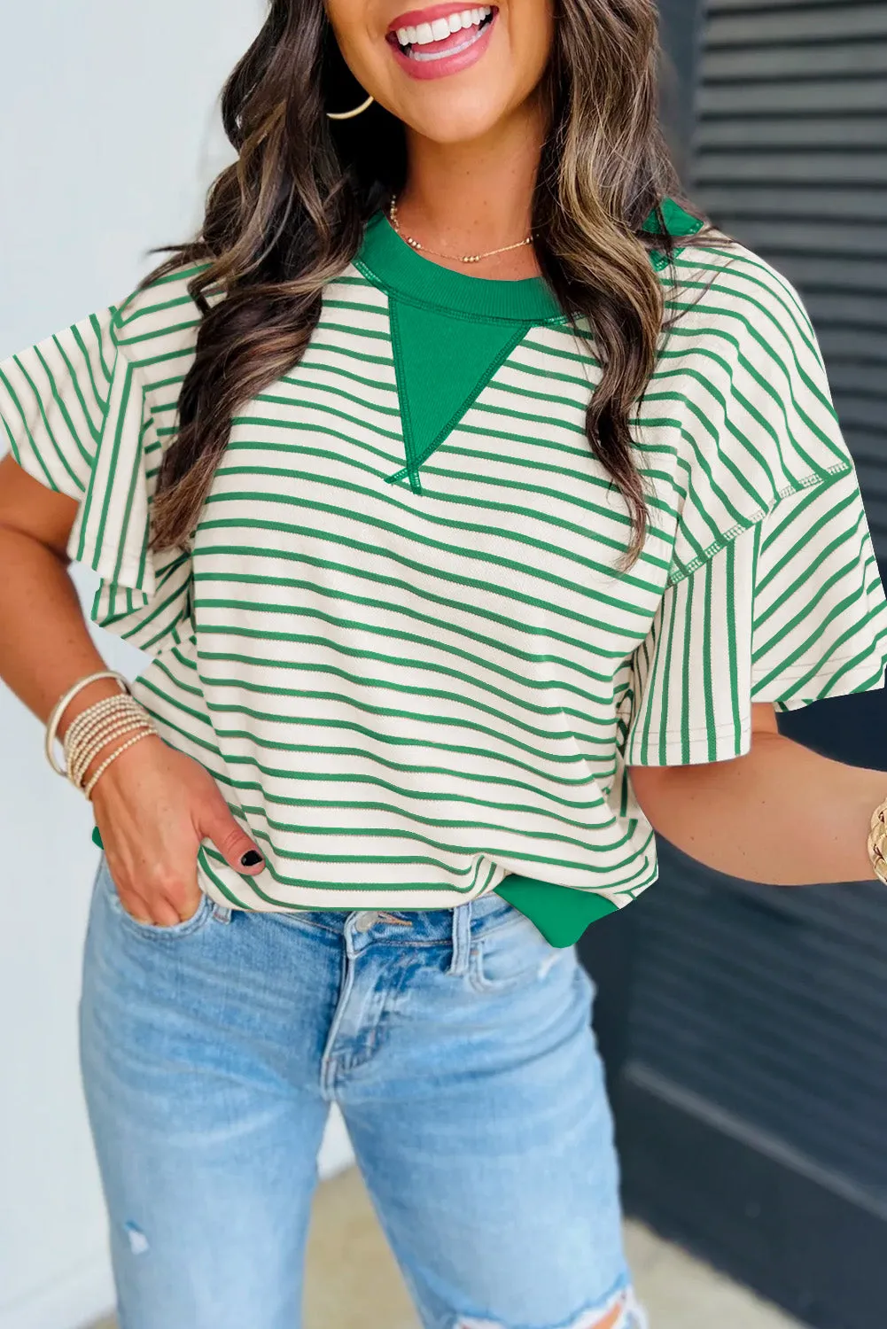 Contrast Detail Striped Ruffle Short Sleeve Top sold by Beagle Boutique product image thumbnail 3