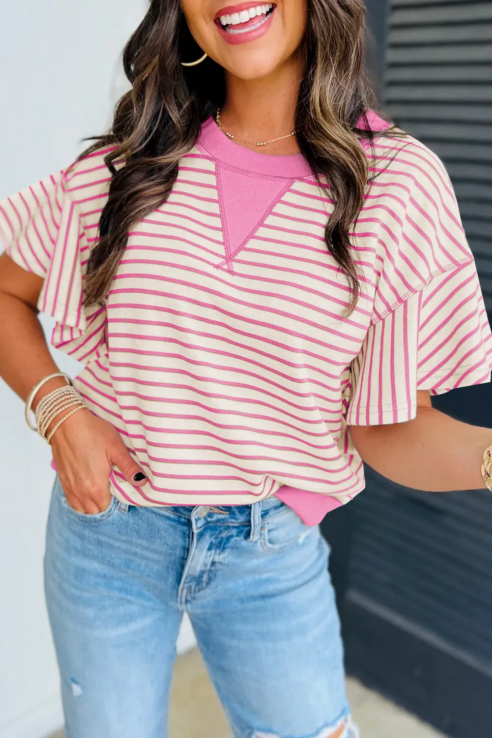 Contrast Detail Striped Ruffle Short Sleeve Top sold by Beagle Boutique