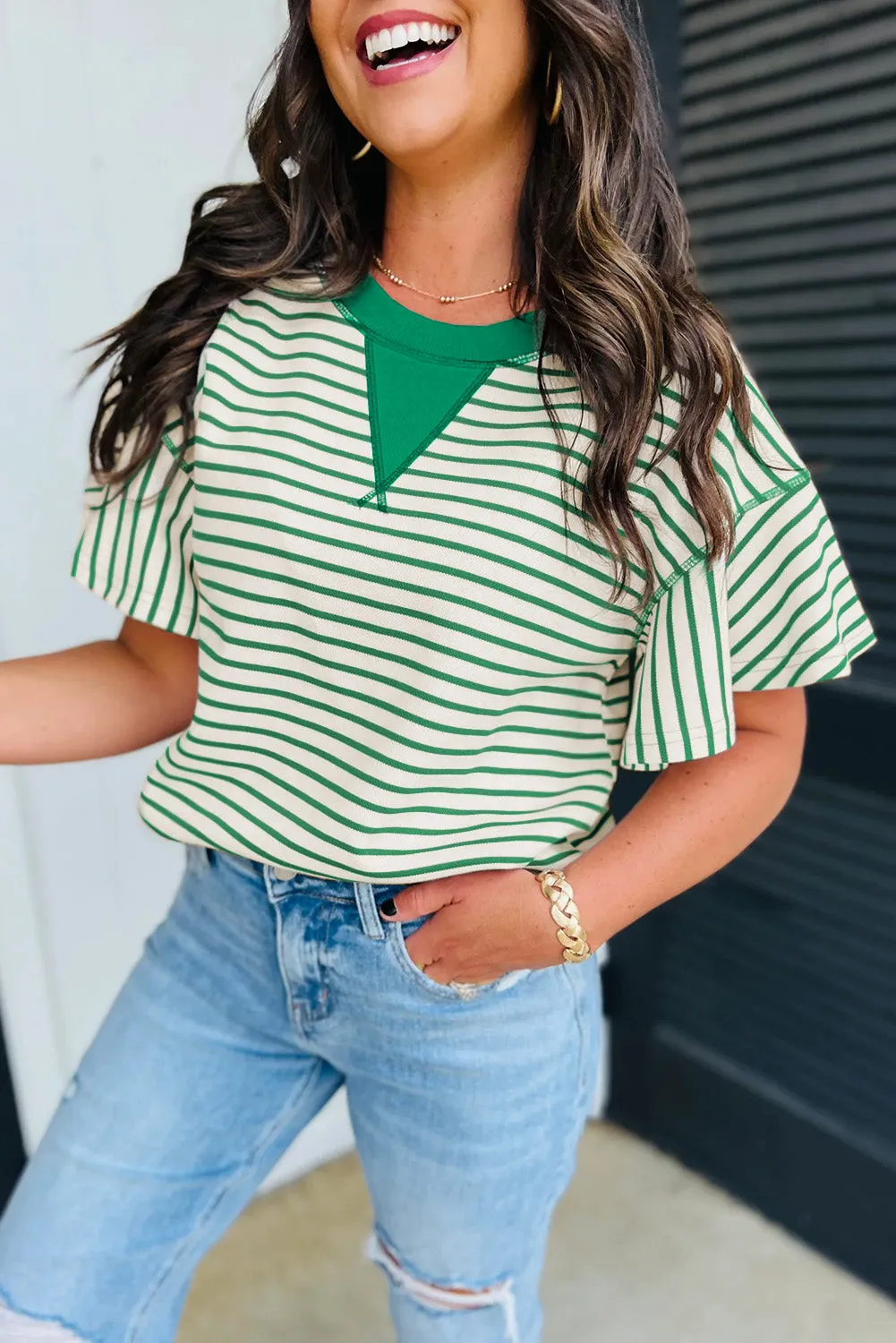 Contrast Detail Striped Ruffle Short Sleeve Top sold by Beagle Boutique product image thumbnail 4