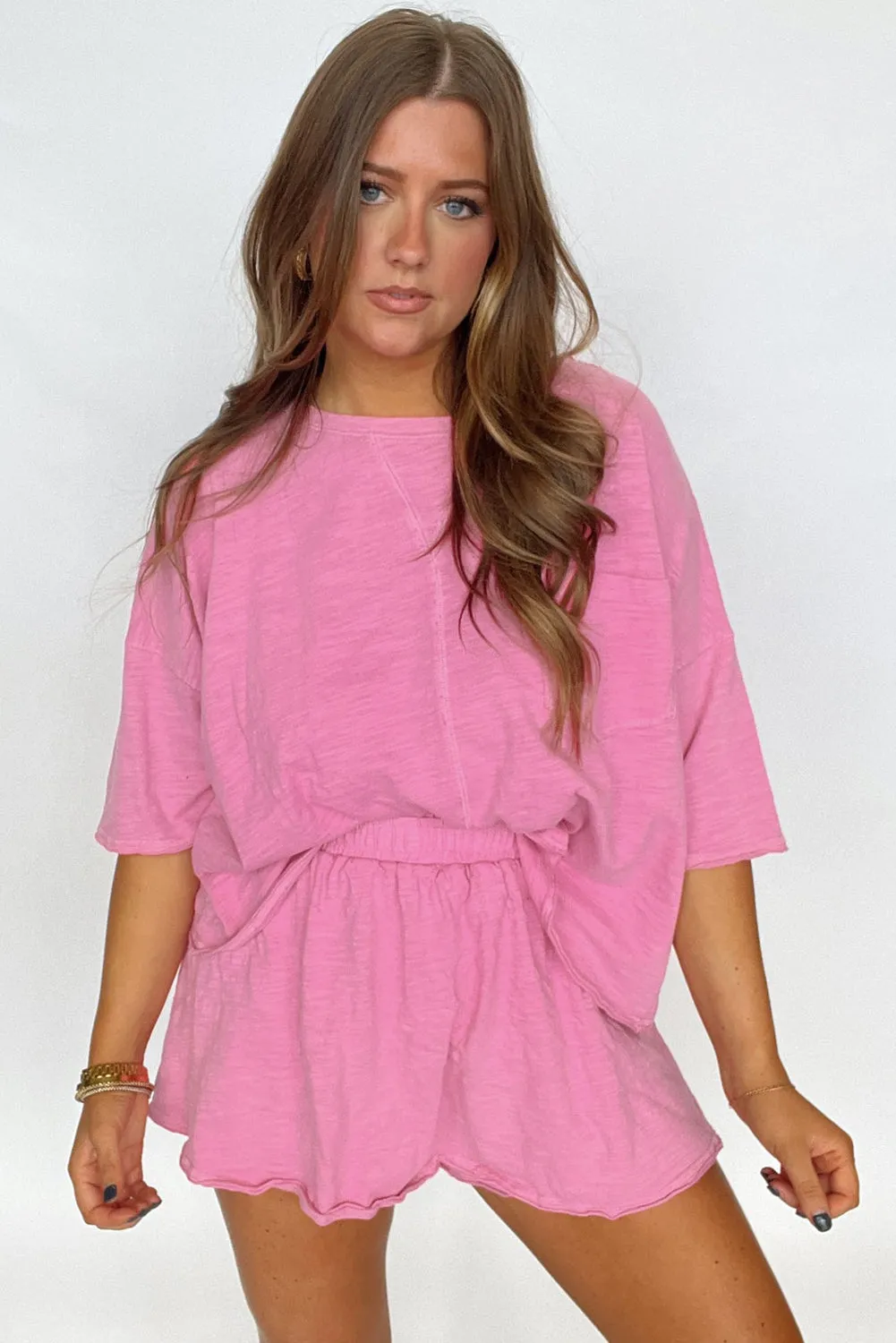 Pink Loose Fit Half Sleeve T Shirt and Skirt Set sold by Beagle Boutique product image thumbnail 2