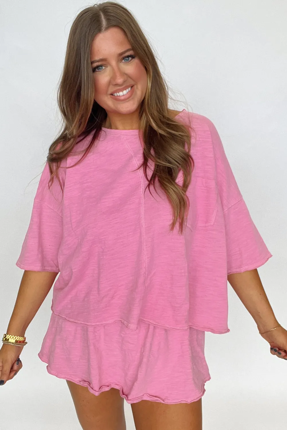 Pink Loose Fit Half Sleeve T Shirt and Skirt Set sold by Beagle Boutique product image thumbnail 3