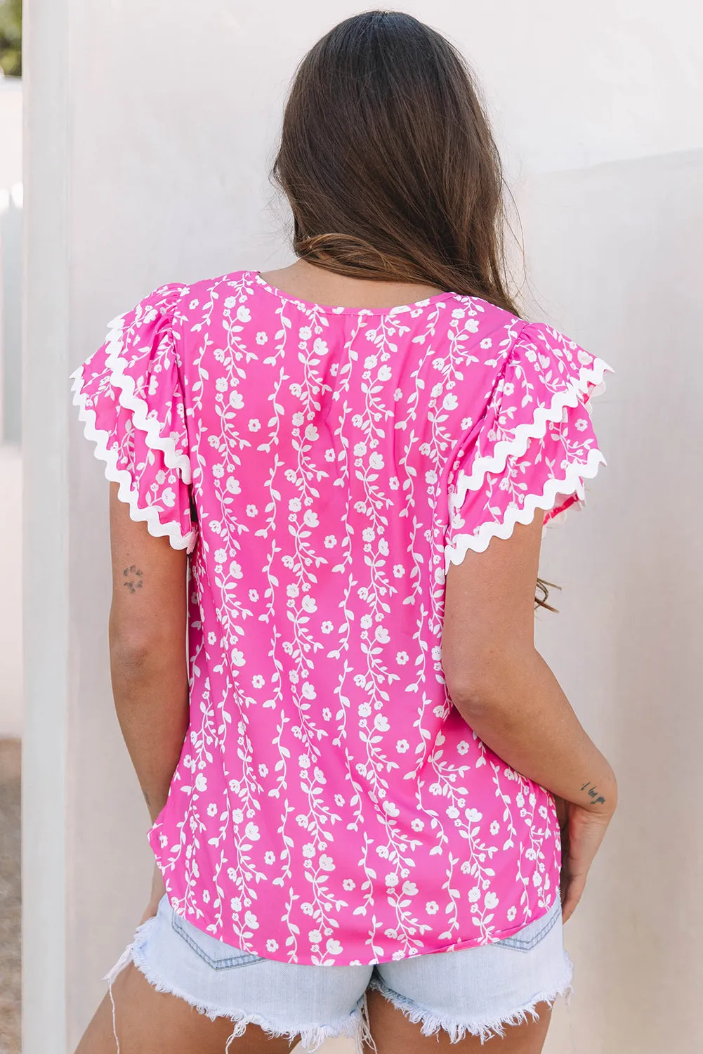 Pink Floral Print Ric-rac Tiered Ruffled V Neck Blouse sold by Beagle Boutique product image thumbnail 2
