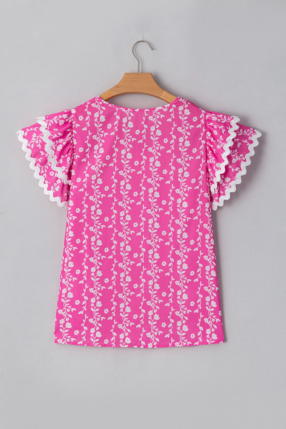 Pink Floral Print Ric-rac Tiered Ruffled V Neck Blouse sold by Beagle Boutique product image thumbnail 5