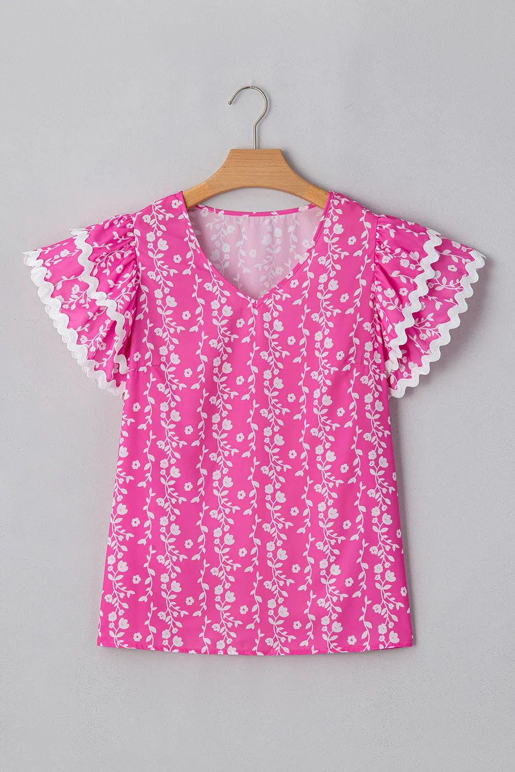 Pink Floral Print Ric-rac Tiered Ruffled V Neck Blouse sold by Beagle Boutique product image thumbnail 4