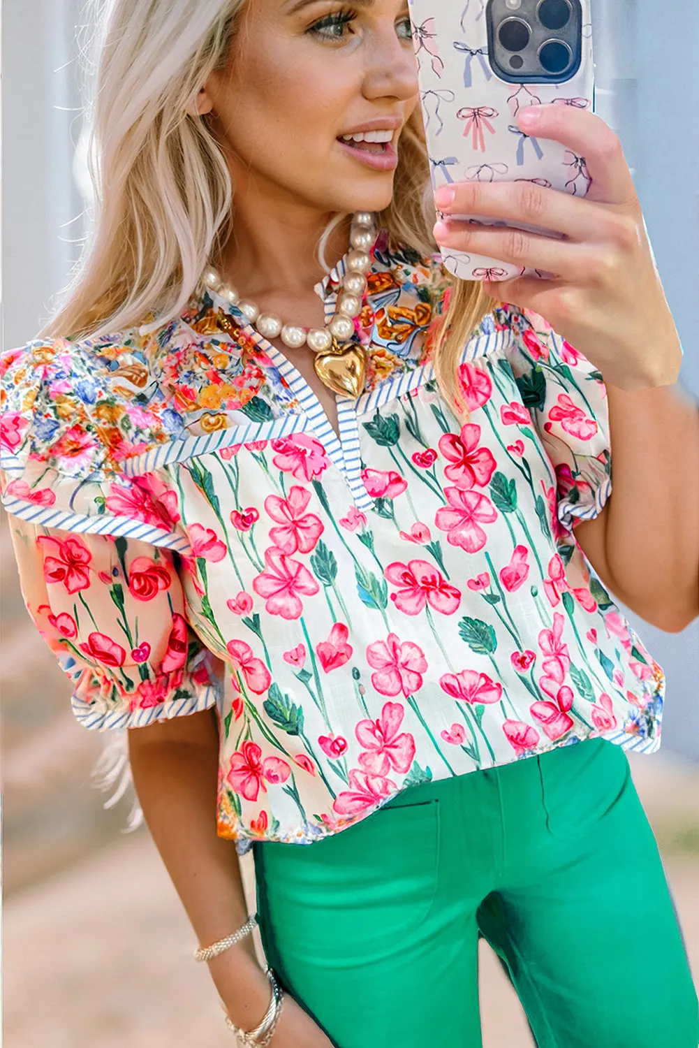 Pink Floral Print Striped Detail Split Neck Short Sleeve Blouse sold by Beagle Boutique product image thumbnail 2