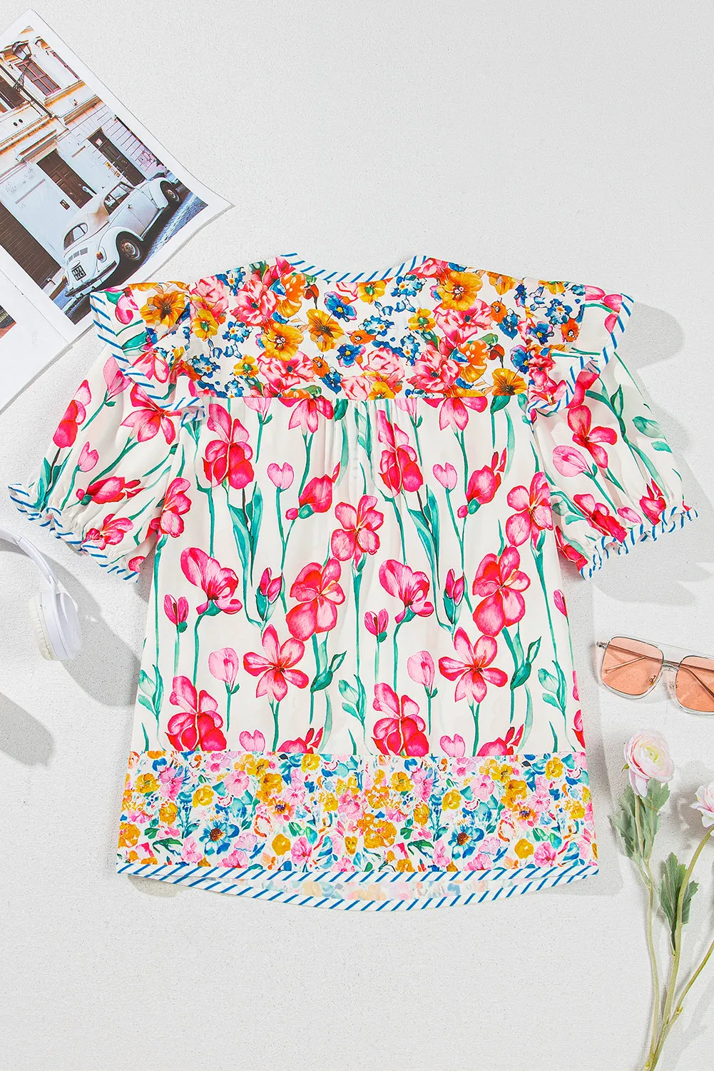 Pink Floral Print Striped Detail Split Neck Short Sleeve Blouse sold by Beagle Boutique product image thumbnail 5