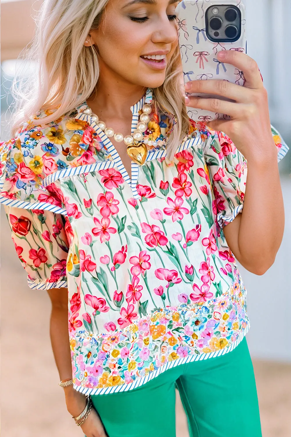 Pink Floral Print Striped Detail Split Neck Short Sleeve Blouse sold by Beagle Boutique product image thumbnail 3