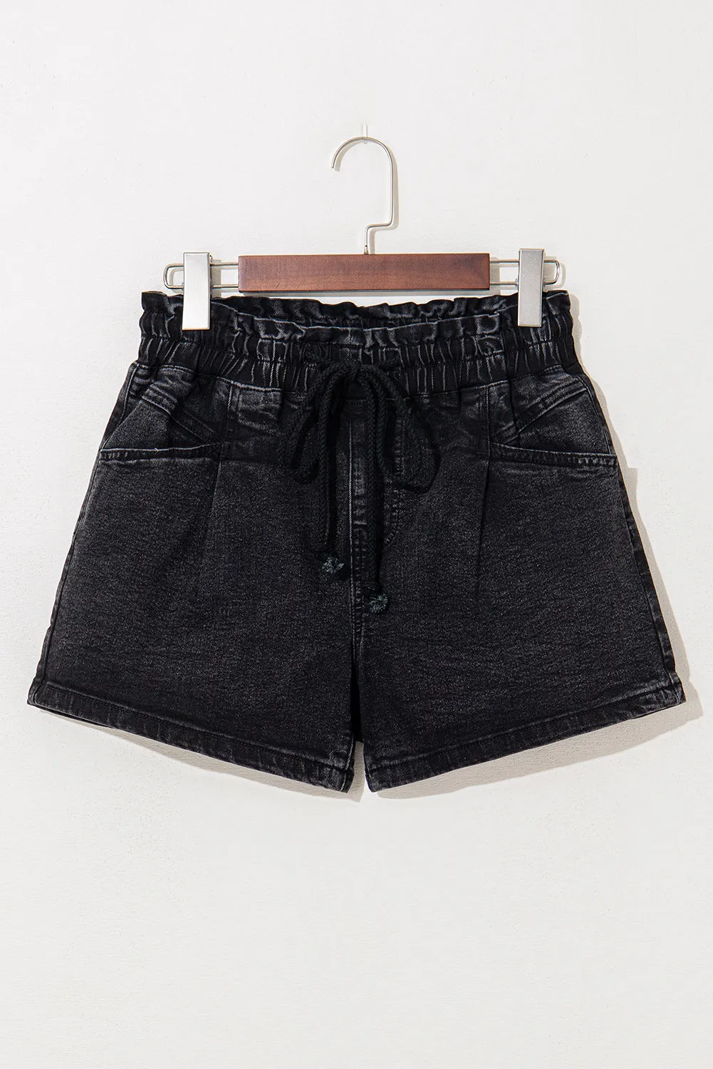 Black Drawstring High Waist Casual Denim Shorts with Pockets sold by Beagle Boutique product image thumbnail 4