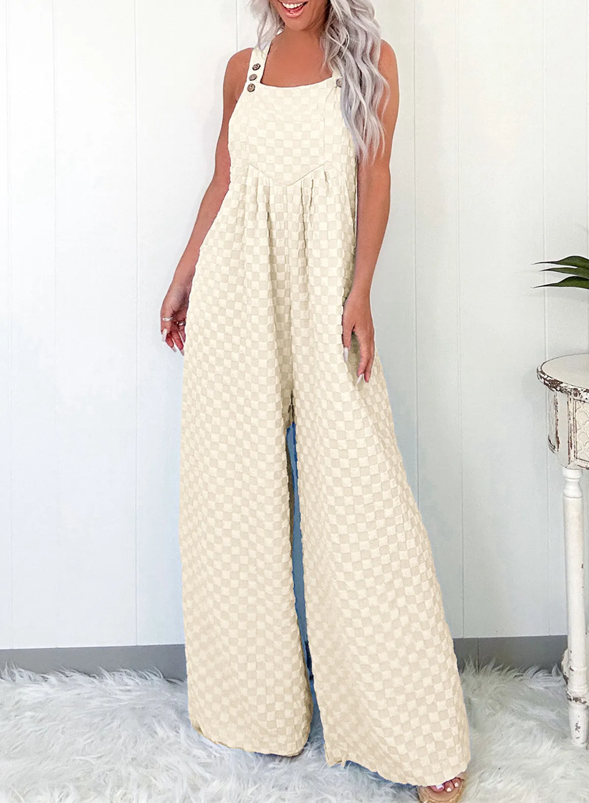 Beige Checkered Pocketed High Waist Wide Leg Overall sold by Beagle Boutique