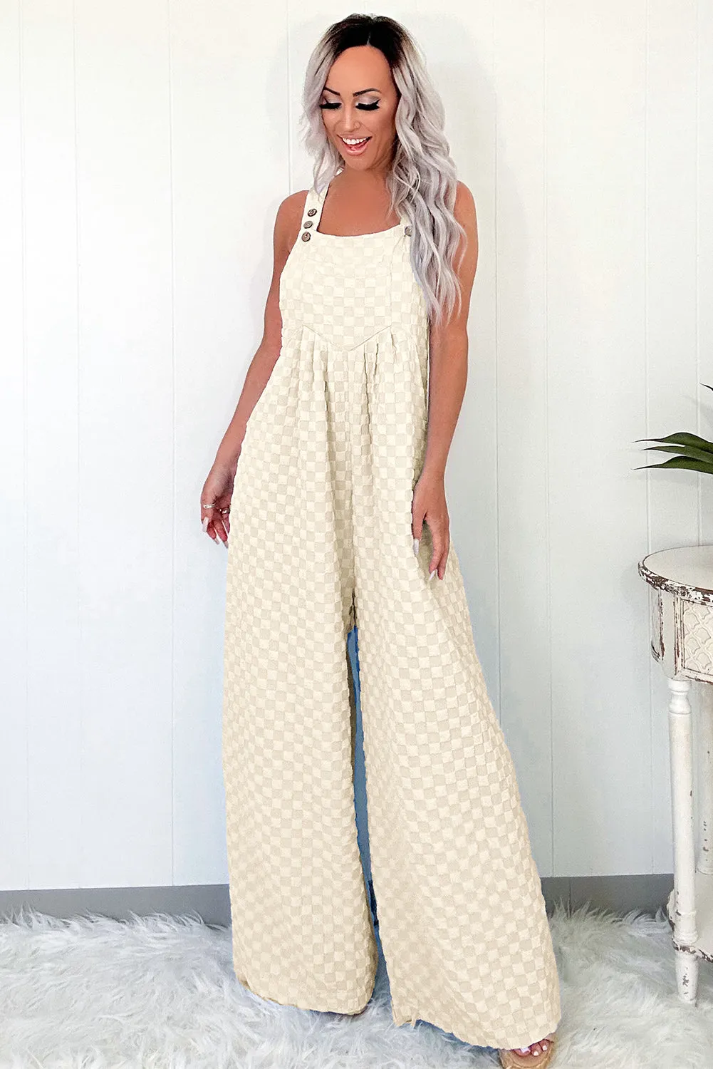 Beige Checkered Pocketed High Waist Wide Leg Overall sold by Beagle Boutique product image thumbnail 3