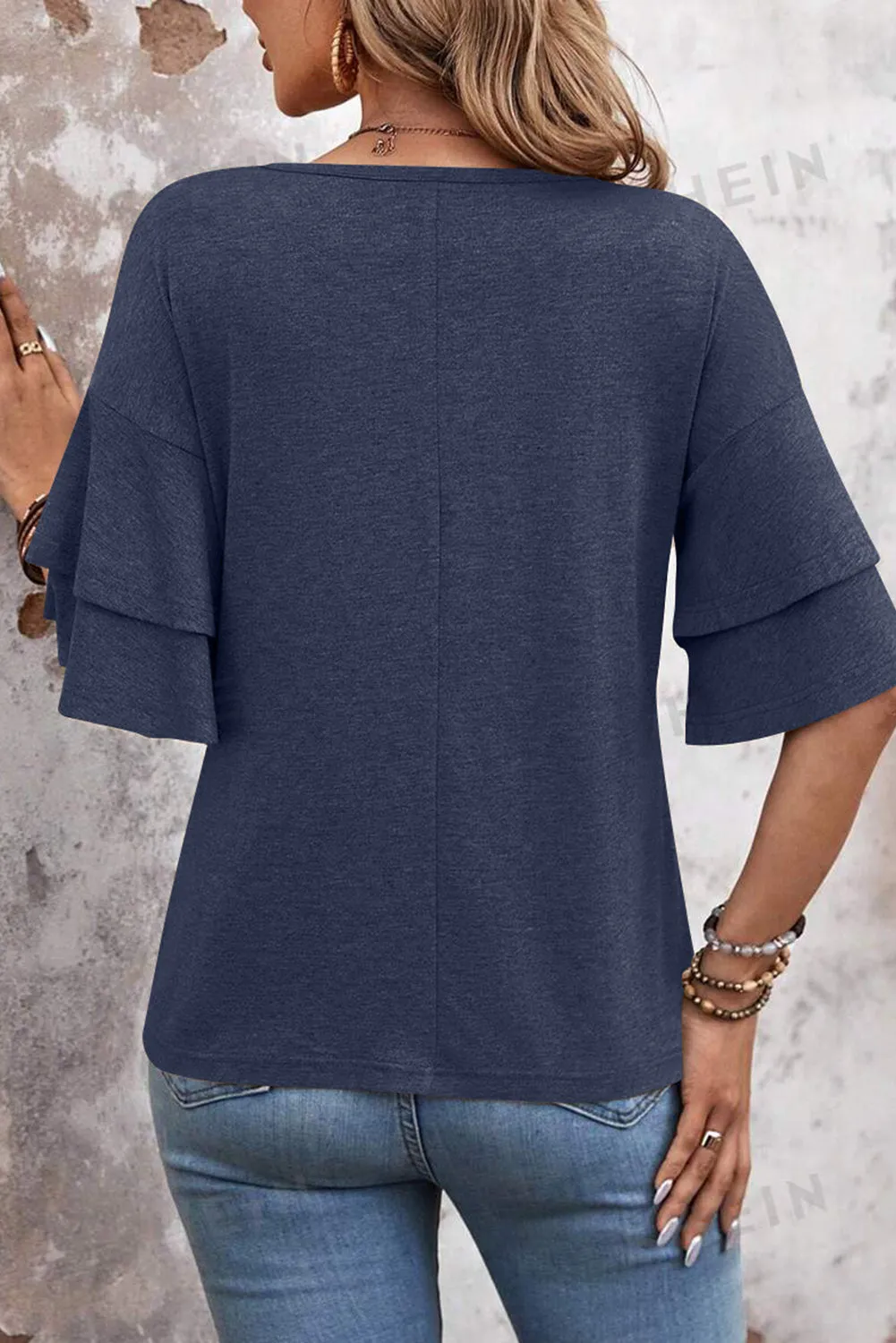 Sail Blue Solid Colour V-Neck Double Layer Sleeve Loose T-Shirt sold by Beagle Boutique product image thumbnail 2