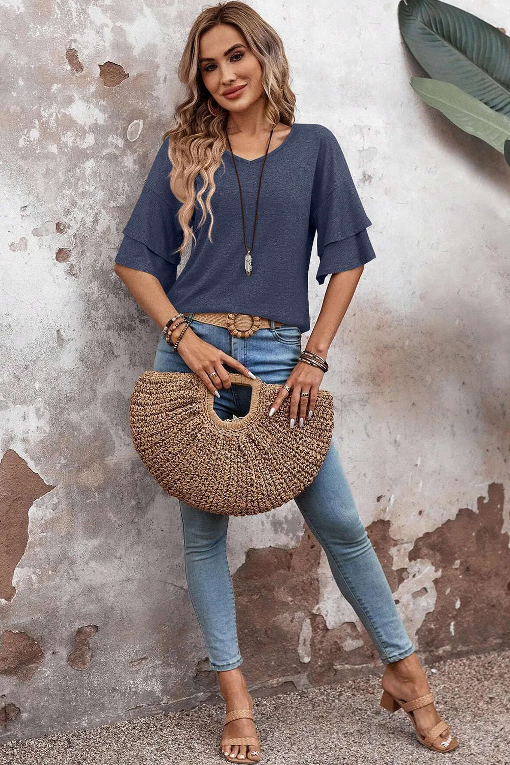 Sail Blue Solid Colour V-Neck Double Layer Sleeve Loose T-Shirt sold by Beagle Boutique product image thumbnail 5