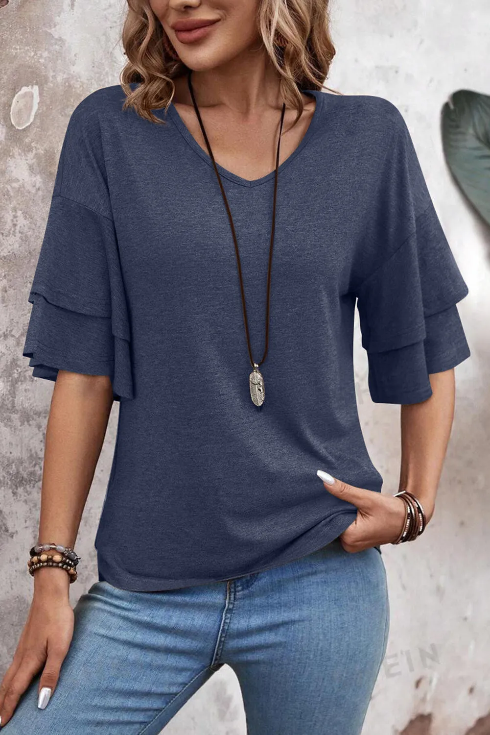 Sail Blue Solid Colour V-Neck Double Layer Sleeve Loose T-Shirt sold by Beagle Boutique product image thumbnail 4