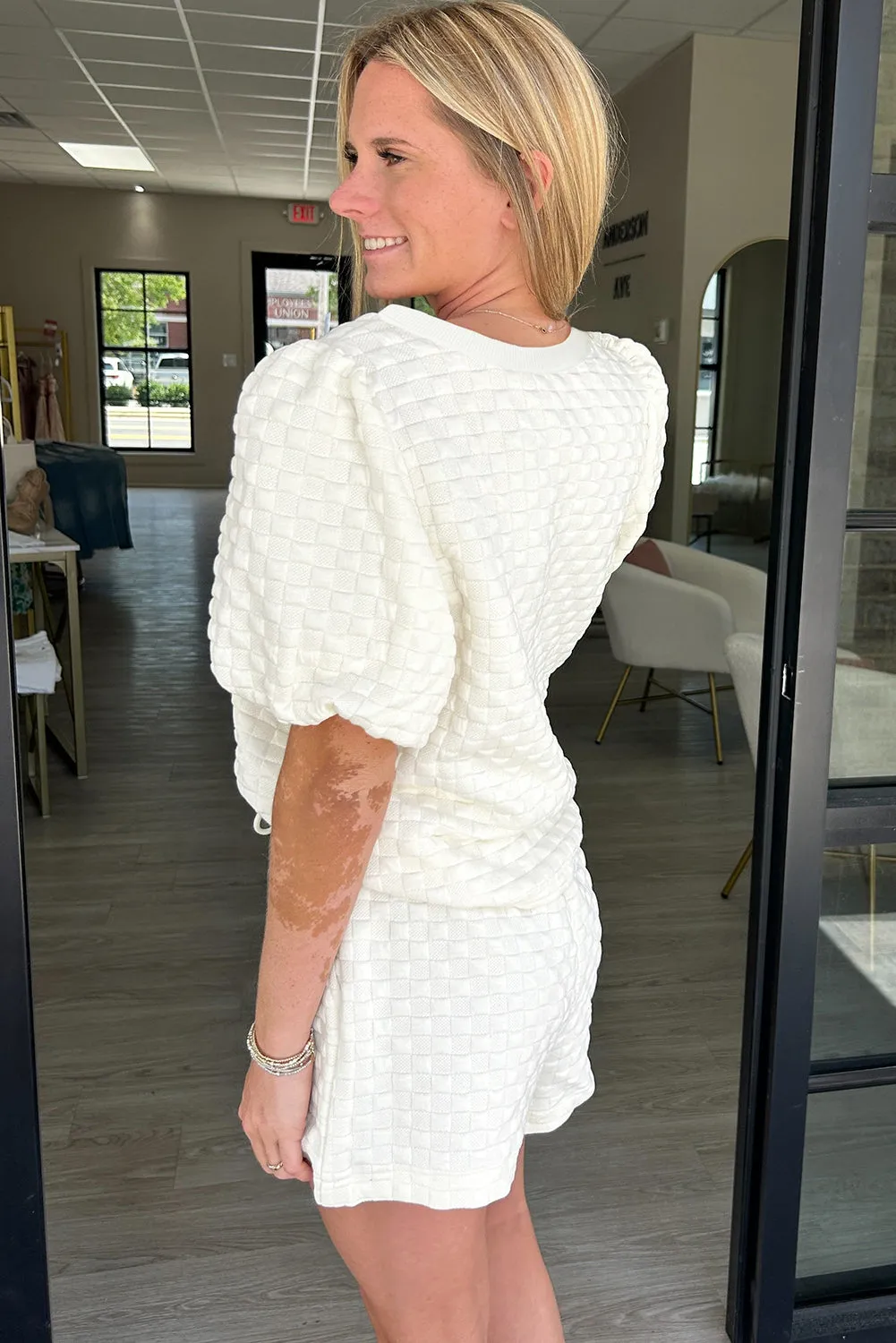 White Solid Colour Checkered Texture Short 2pcs Outfit sold by Beagle Boutique product image thumbnail 2