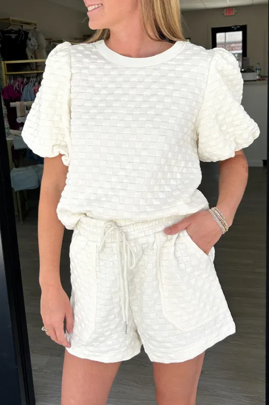 White Solid Colour Checkered Texture Short 2pcs Outfit sold by Beagle Boutique