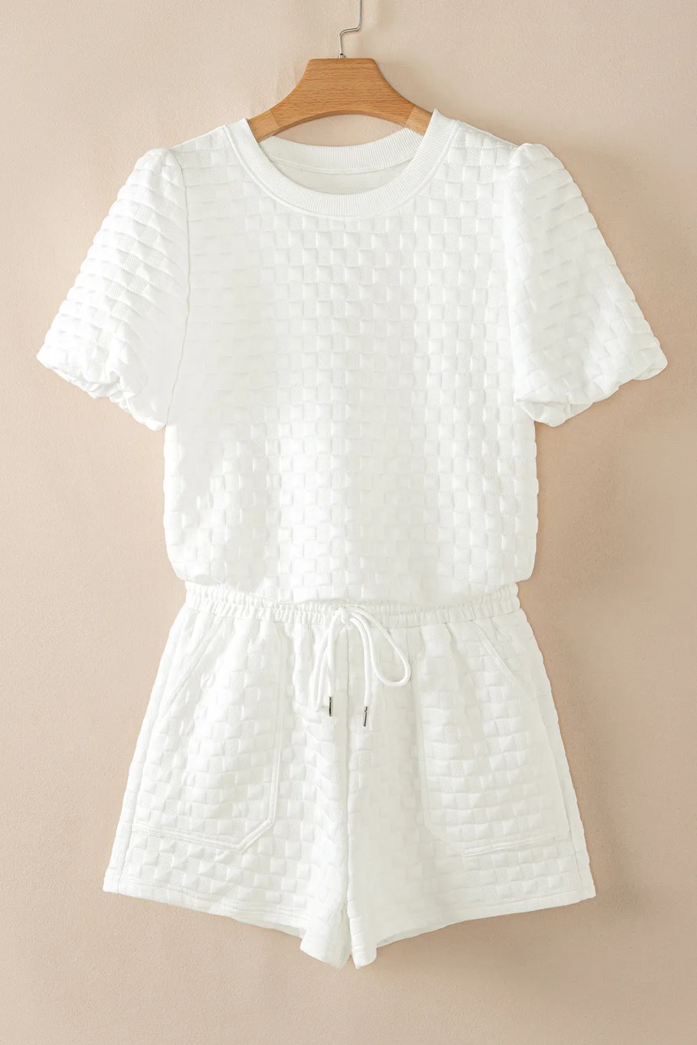 White Solid Colour Checkered Texture Short 2pcs Outfit sold by Beagle Boutique product image thumbnail 5