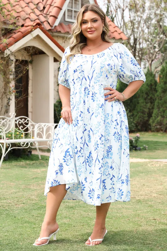 Sky Blue Floral Print Sweetheart Neck Plus Size Midi Dress sold by Beagle Boutique