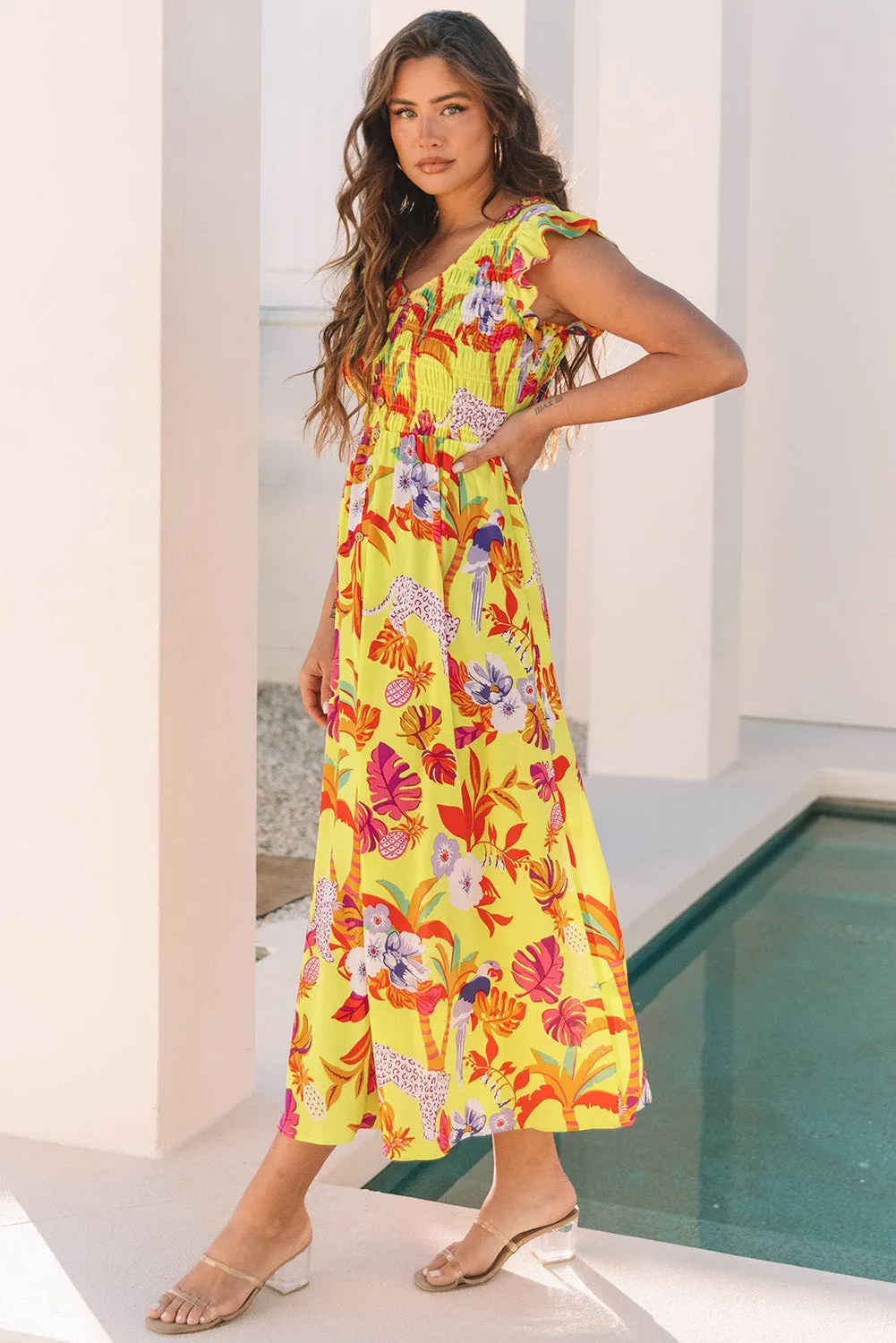 Yellow Cheetah Plant Print Shirred Button V Neck Maxi Dress sold by Beagle Boutique product image thumbnail 3
