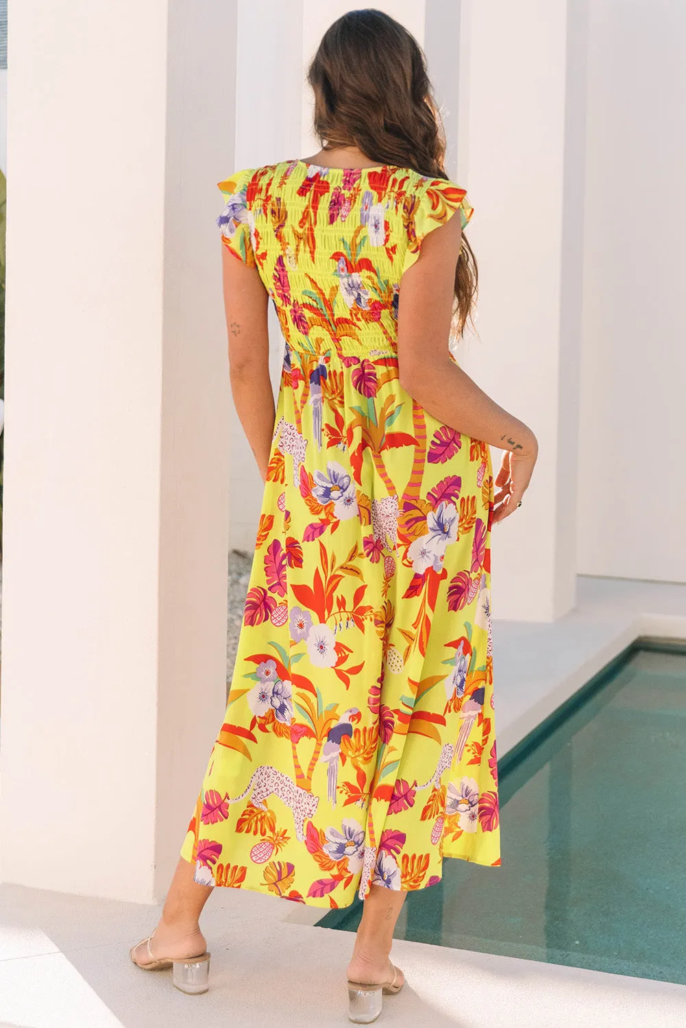 Yellow Cheetah Plant Print Shirred Button V Neck Maxi Dress sold by Beagle Boutique product image thumbnail 2