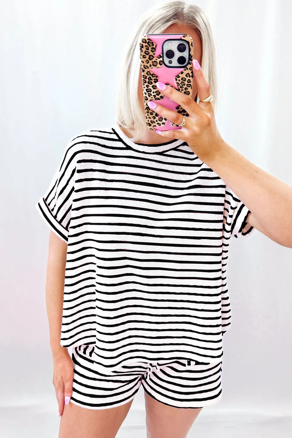 Black Stripe Knitted Short Sleeve Top and Drawstring Shorts Set sold by Beagle Boutique product image thumbnail 3