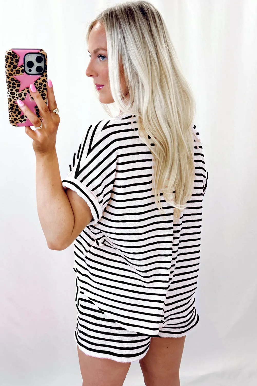 Black Stripe Knitted Short Sleeve Top and Drawstring Shorts Set sold by Beagle Boutique product image thumbnail 2