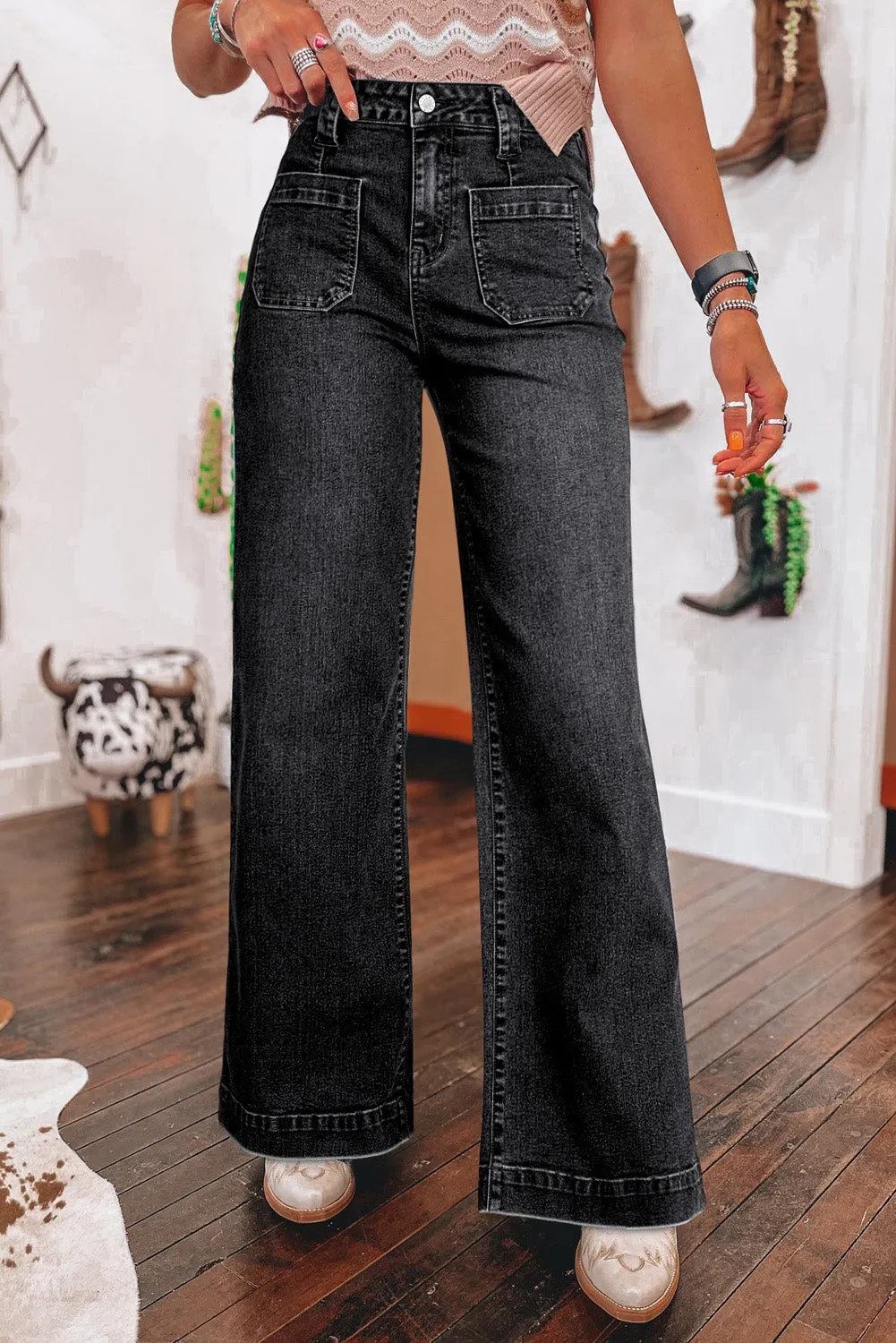 Black Wide Leg Pocketed High Waist Jeans sold by Beagle Boutique