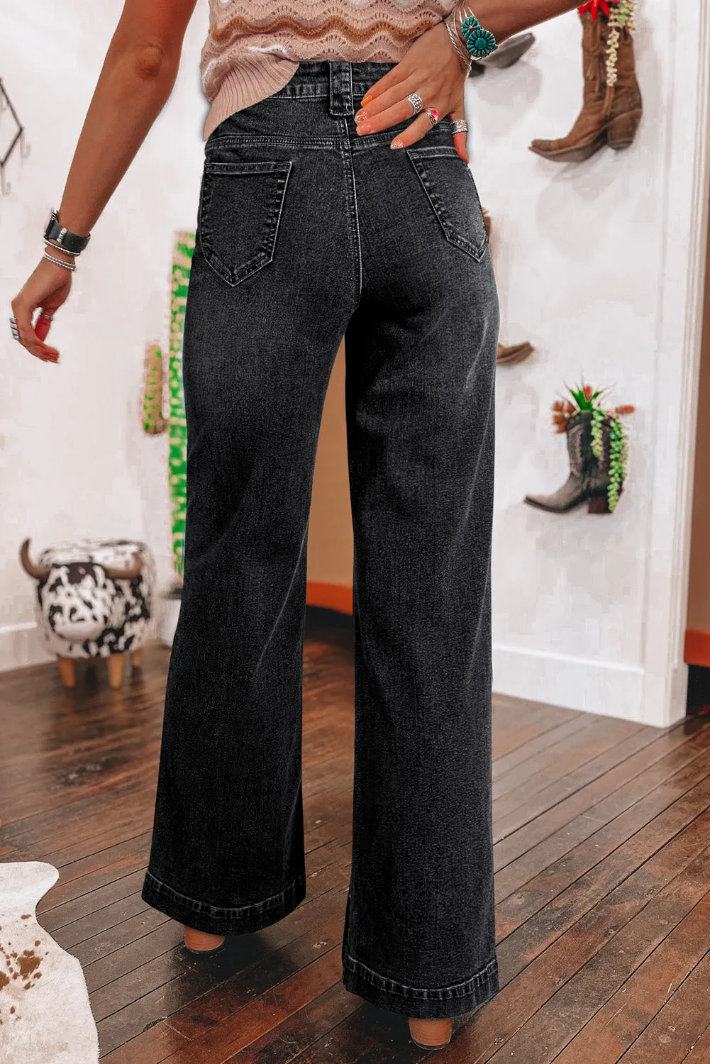 Black Wide Leg Pocketed High Waist Jeans sold by Beagle Boutique product image thumbnail 2