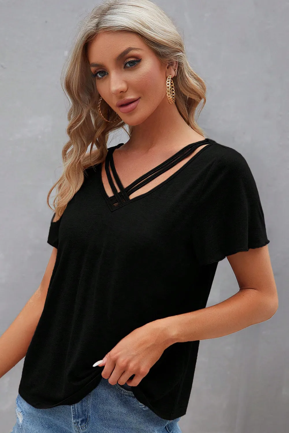 Black Crisscross V Neck Butterfly Sleeve T Shirt sold by Beagle Boutique product image thumbnail 3
