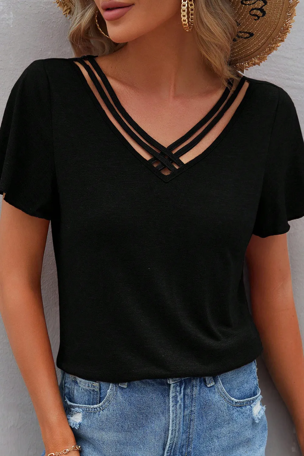 Black Crisscross V Neck Butterfly Sleeve T Shirt sold by Beagle Boutique