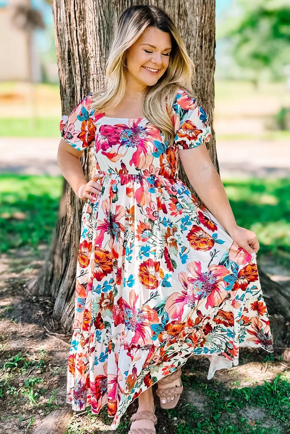 White Floral Square Neck Puff Sleeve Flowy Plus Size Midi Dress sold by Beagle Boutique product image thumbnail 3