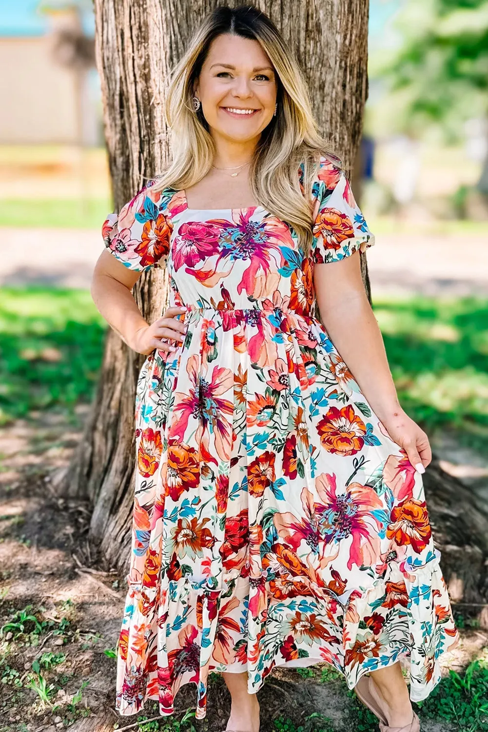 White Floral Square Neck Puff Sleeve Flowy Plus Size Midi Dress sold by Beagle Boutique product image thumbnail 2