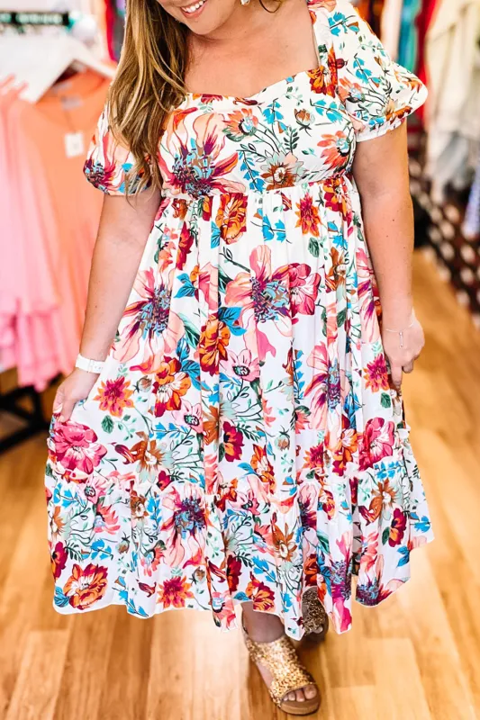 White Floral Square Neck Puff Sleeve Flowy Plus Size Midi Dress sold by Beagle Boutique