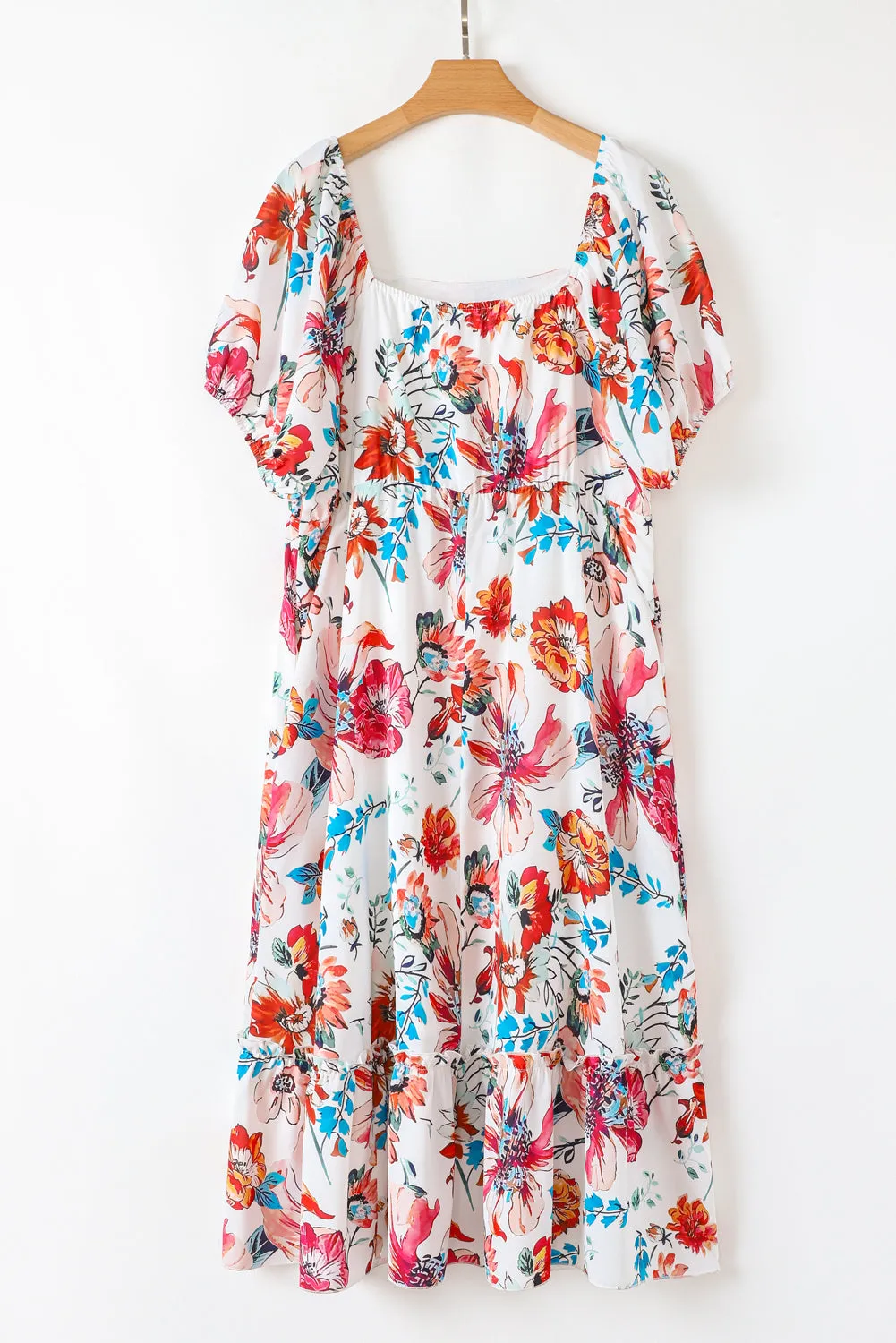 White Floral Square Neck Puff Sleeve Flowy Plus Size Midi Dress sold by Beagle Boutique product image thumbnail 5