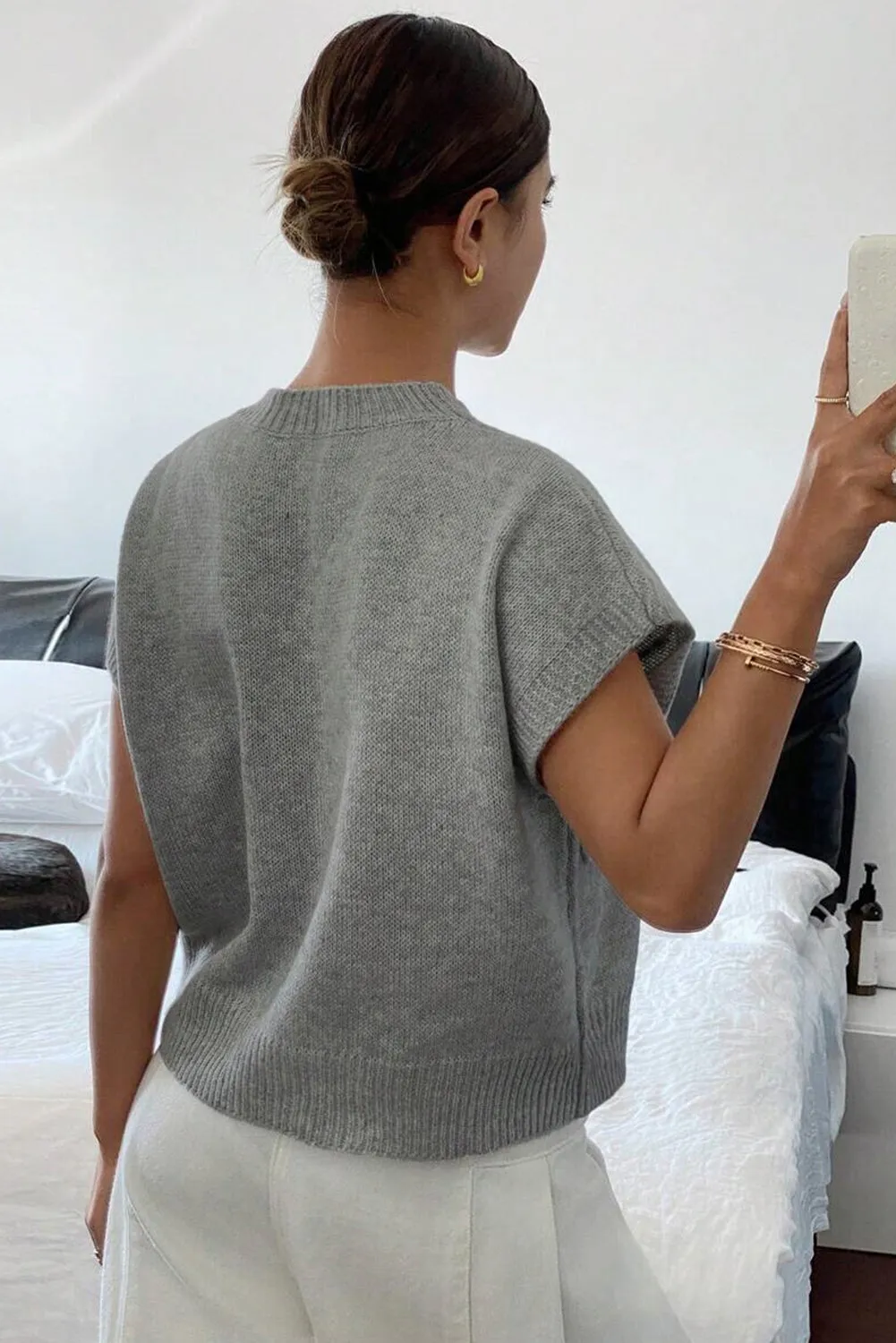 High Flower Pattern Ribbed Trim Short Sleeve Boxy Sweater sold by Beagle Boutique product image thumbnail 2