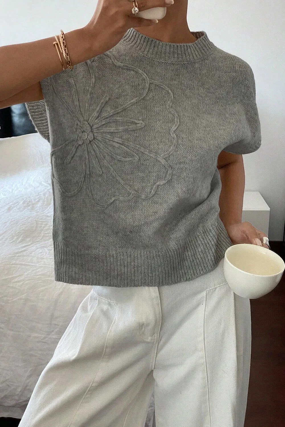 High Flower Pattern Ribbed Trim Short Sleeve Boxy Sweater sold by Beagle Boutique