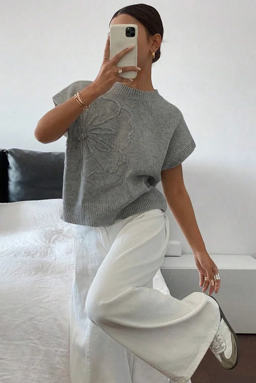 High Flower Pattern Ribbed Trim Short Sleeve Boxy Sweater sold by Beagle Boutique product image thumbnail 3