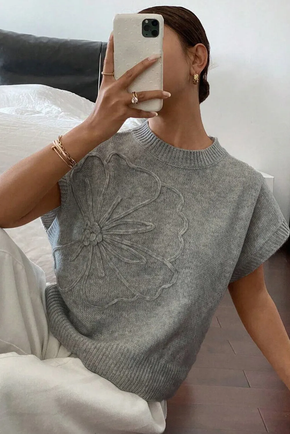 High Flower Pattern Ribbed Trim Short Sleeve Boxy Sweater sold by Beagle Boutique product image thumbnail 5