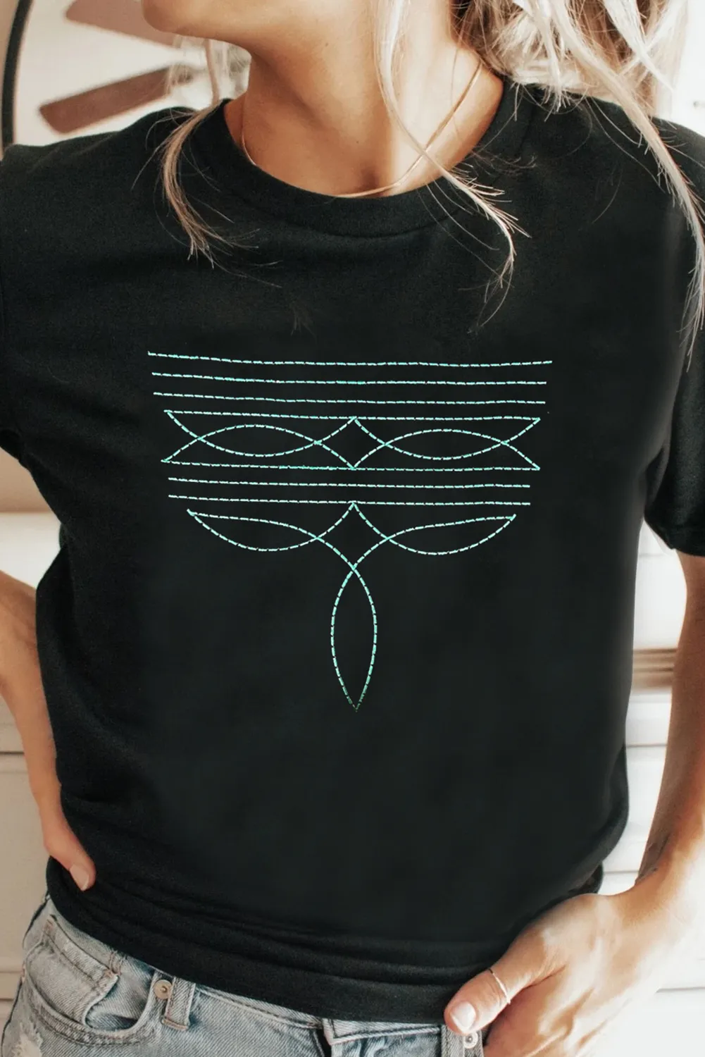 Black Western Fashion Geometric Embroidered T Shirt sold by Beagle Boutique product image thumbnail 3