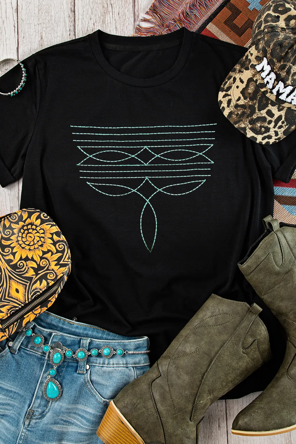 Black Western Fashion Geometric Embroidered T Shirt sold by Beagle Boutique product image thumbnail 2