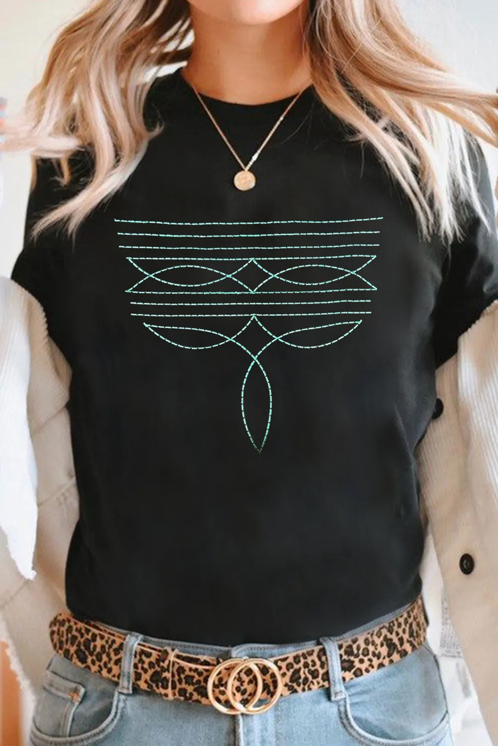 Black Western Fashion Geometric Embroidered T Shirt sold by Beagle Boutique product image thumbnail 4