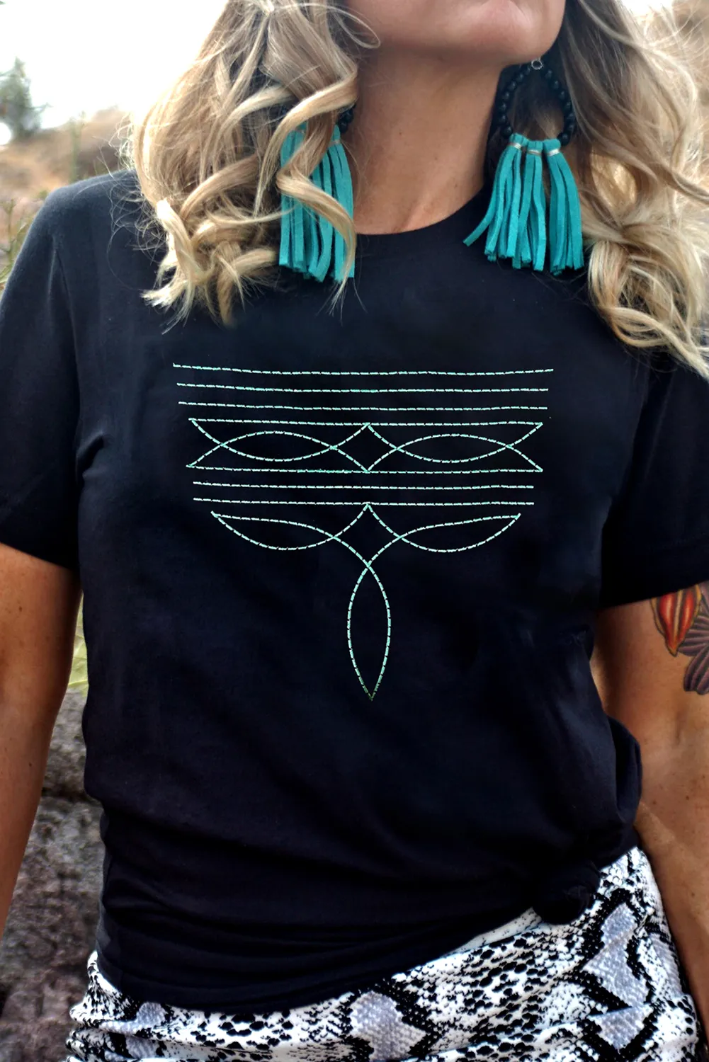 Black Western Fashion Geometric Embroidered T Shirt sold by Beagle Boutique